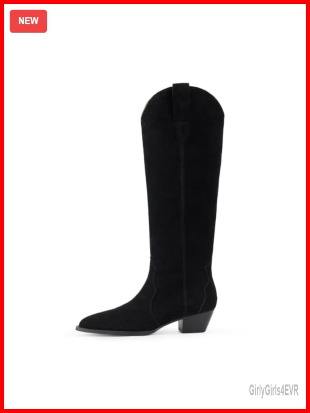Faux Suede Cowboy Boots Pointed Toe Chunky Heel Knee High Pull On